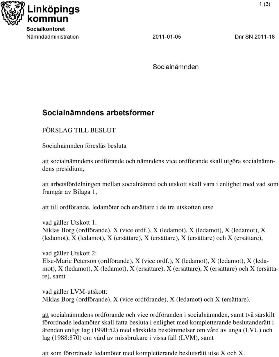 ledamöter och ersättare i de tre utskotten utse vad gäller 1: Niklas Borg (ordförande), X (vice ordf.