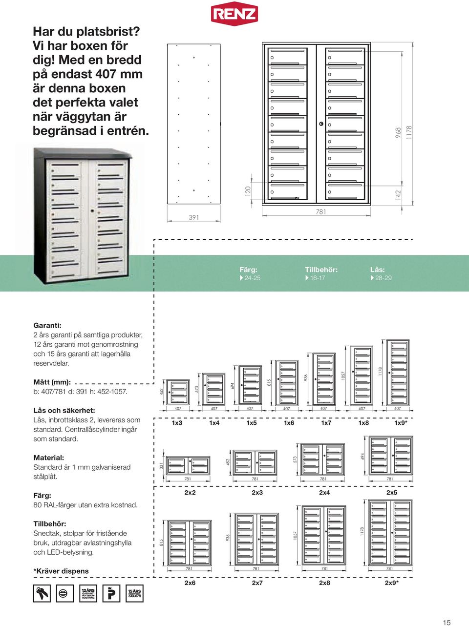 Tillbehör: Snedtak, stolpar för fristående bruk, utdragbar avlastningshylla och LED-belysning. 45 573 694 694 Material: Standard är 1 mm galvaniserad stålplåt.