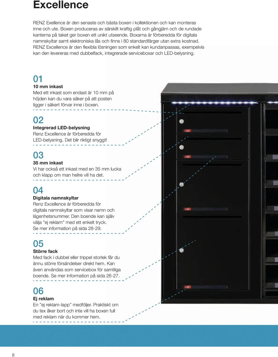 Boxarna är förberedda för digitala namnskyltar samt elektroniska lås och finns i 80 standardfärger utan extra kostnad.