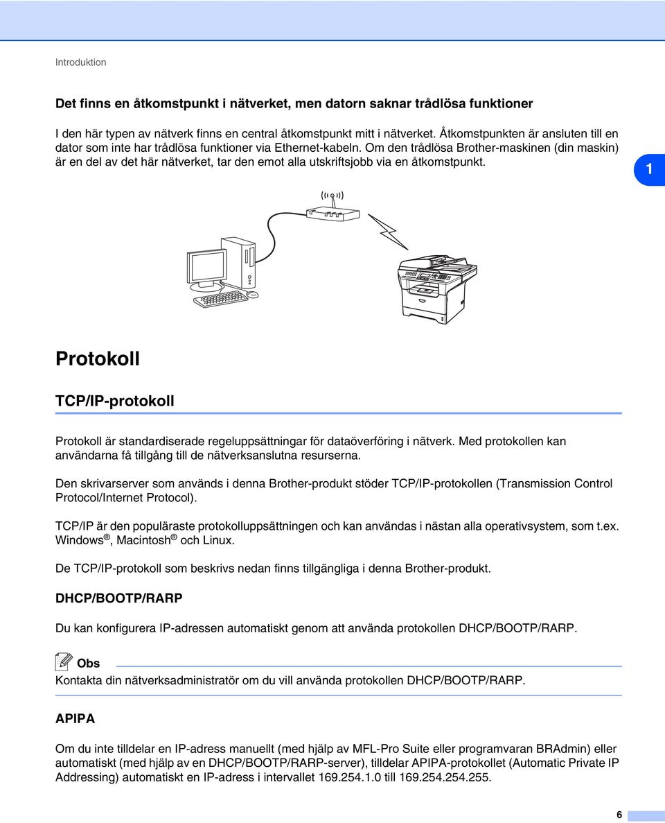 Om den trådlösa Brother-maskinen (din maskin) är en del av det här nätverket, tar den emot alla utskriftsjobb via en åtkomstpunkt.