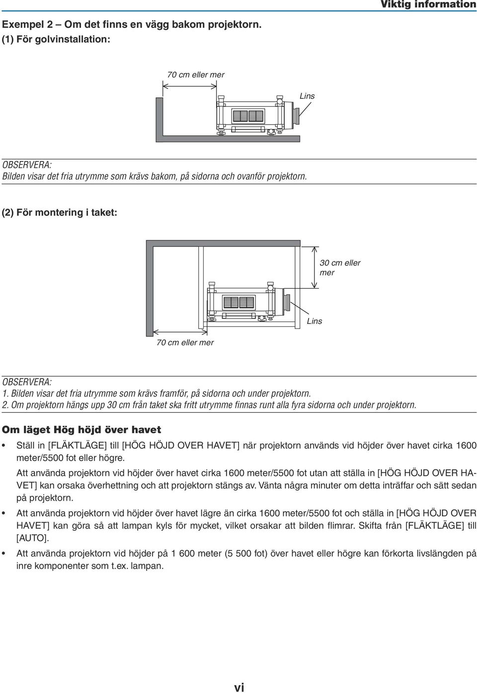 (2) För montering i taket: 30 cm eller mer Lins 70 cm eller mer OBSERVERA: 1. Bilden visar det fria utrymme som krävs framför, på sidorna och under projektorn. 2.