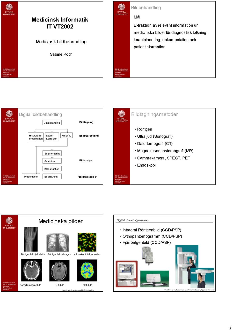 Korrektur Filtrering Bildbearbetning Ultraljud (Sonografi) Datortomografi (CT) Segmentering Selektion Klassifikation Bildanalys Magnetresonanstomografi (MR) Gammakamera, SPECT, PET Endoskopi Inst.