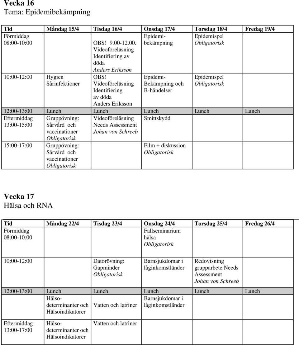 och vaccinationer Videoföreläsning Needs Assessment Johan von Schreeb Film + diskussion Vecka 17 Hälsa och RNA Tid Måndag 22/4 Tisdag 23/4 Onsdag 24/4 Torsdag 25/4 Fredag 26/4 Fallseminarium hälsa