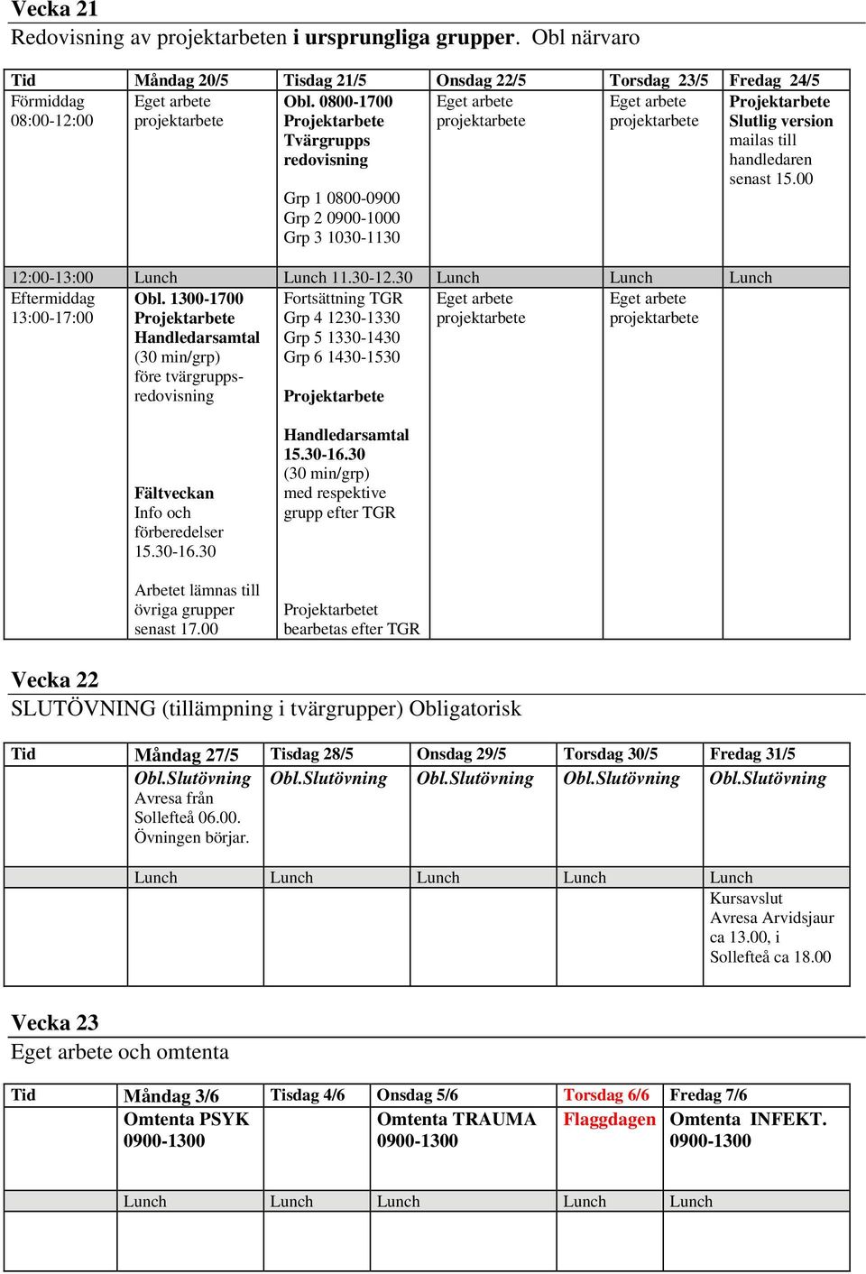1300-1700 Projektarbete Handledarsamtal (30 min/grp) före tvärgruppsredovisning Fortsättning TGR Grp 4 1230-1330 Grp 5 1330-1430 Grp 6 1430-1530 Projektarbete Projektarbete Slutlig version mailas