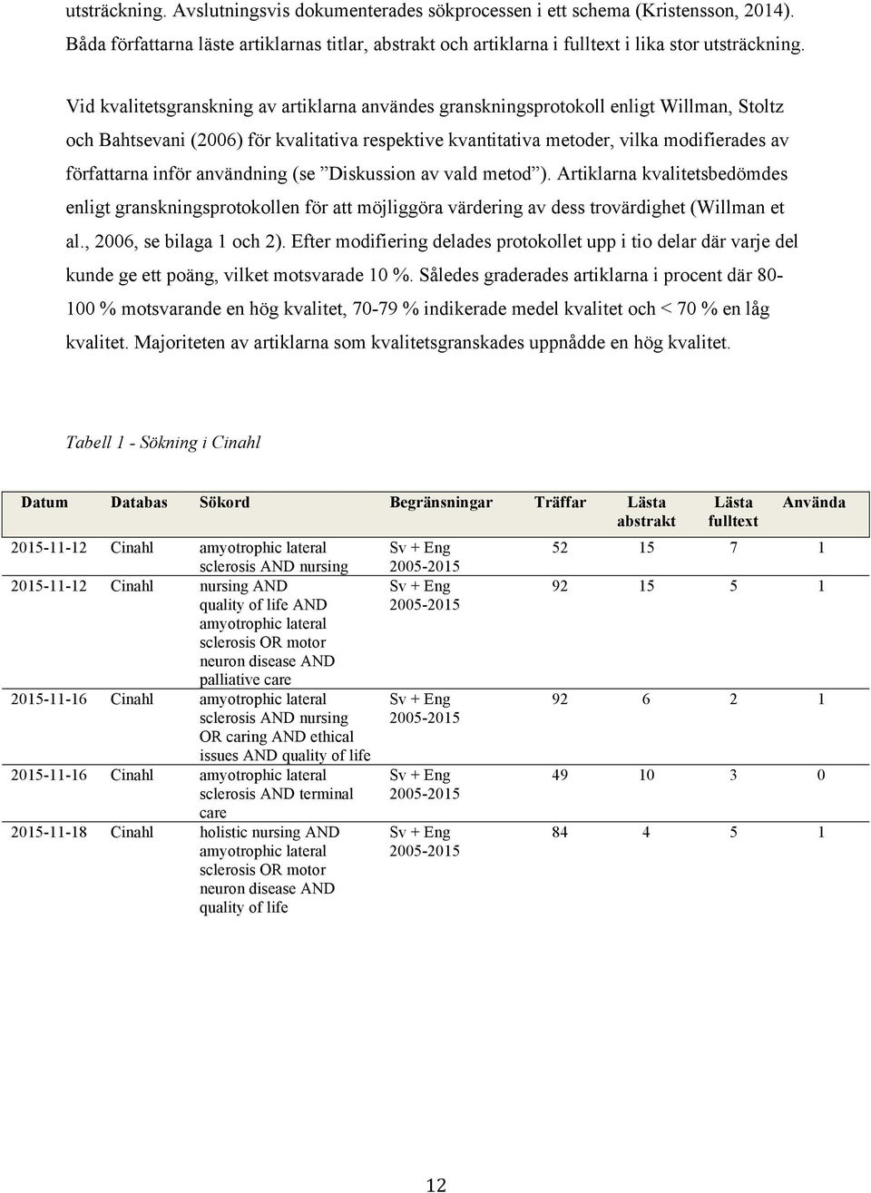 inför användning (se Diskussion av vald metod ). Artiklarna kvalitetsbedömdes enligt granskningsprotokollen för att möjliggöra värdering av dess trovärdighet (Willman et al., 2006, se bilaga 1 och 2).