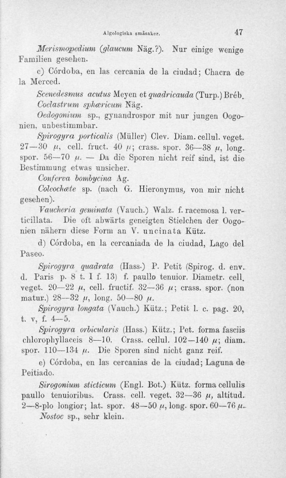 voget. 27 30,((, cell. fruct. 40 /<; crass. spor. 36 38 ft, long. spor. 56 70 fi. Da die Sporen nicht reif sind, ist die Bestirnmung etwas unsicher. Confcrva bombycina Ag. Coleochtete sp. (nach G.