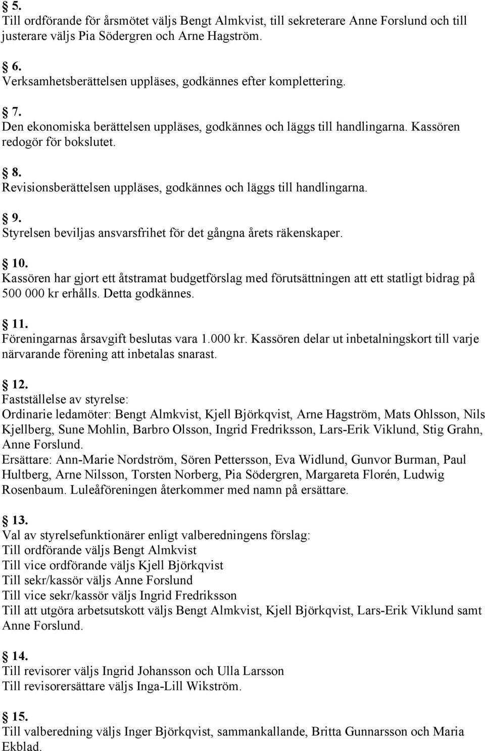 Revisionsberättelsen uppläses, godkännes och läggs till handlingarna. 9. Styrelsen beviljas ansvarsfrihet för det gångna årets räkenskaper. 10.