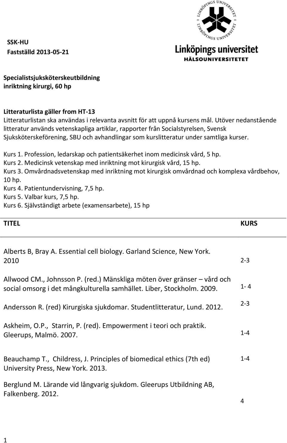 Profession, ledarskap och patientsäkerhet inom medicinsk vård, 5 hp. Kurs 2. Medicinsk vetenskap med inriktning mot kirurgisk vård, 15 hp. Kurs 3.