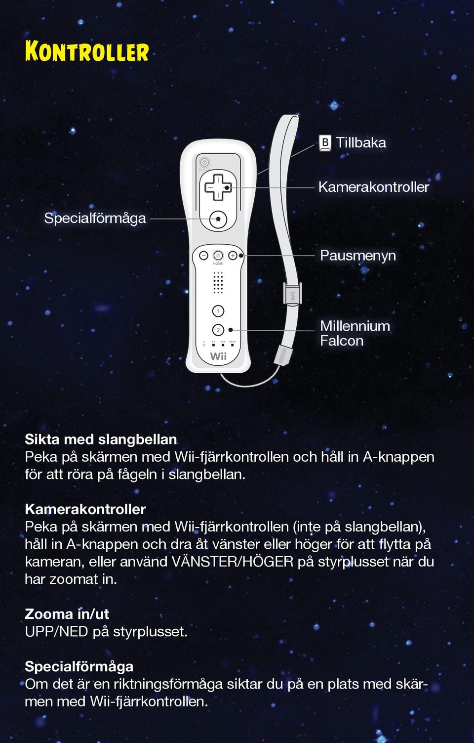 Kamerakontroller Peka på skärmen med Wii-fjärrkontrollen (inte på slangbellan), håll in A-knappen och dra åt vänster eller höger för att