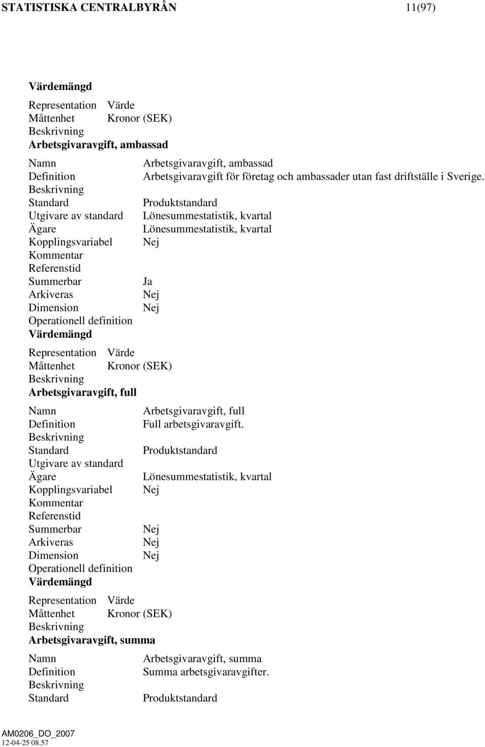 Beskrivning Standard Produktstandard Utgivare av standard Lönesummestatistik, kvartal Ägare Lönesummestatistik, kvartal Kopplingsvariabel Kommentar Referenstid Summerbar Ja Arkiveras Dimension