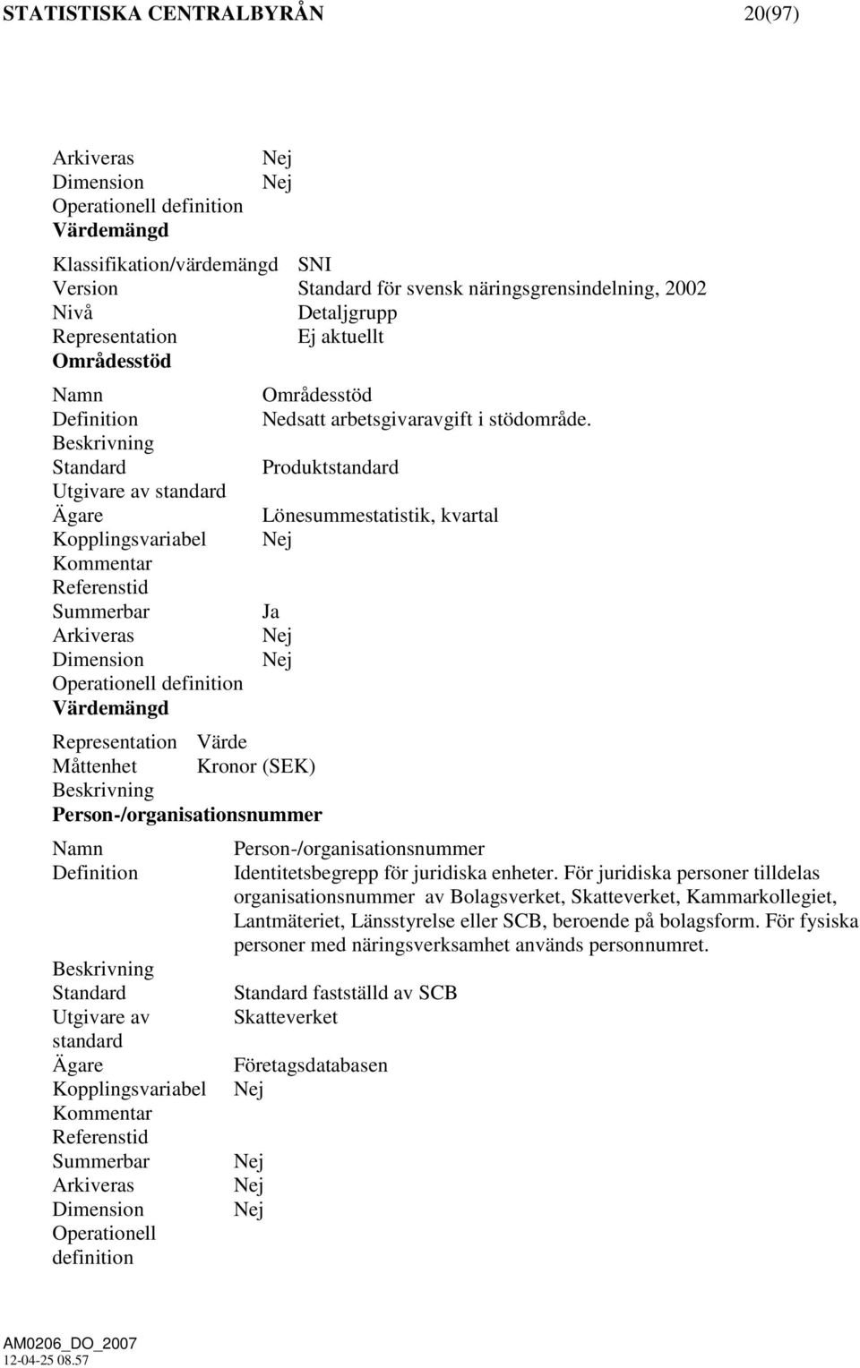 Beskrivning Standard Produktstandard Utgivare av standard Ägare Lönesummestatistik, kvartal Kopplingsvariabel Kommentar Referenstid Summerbar Ja Arkiveras Dimension Operationell definition Värdemängd