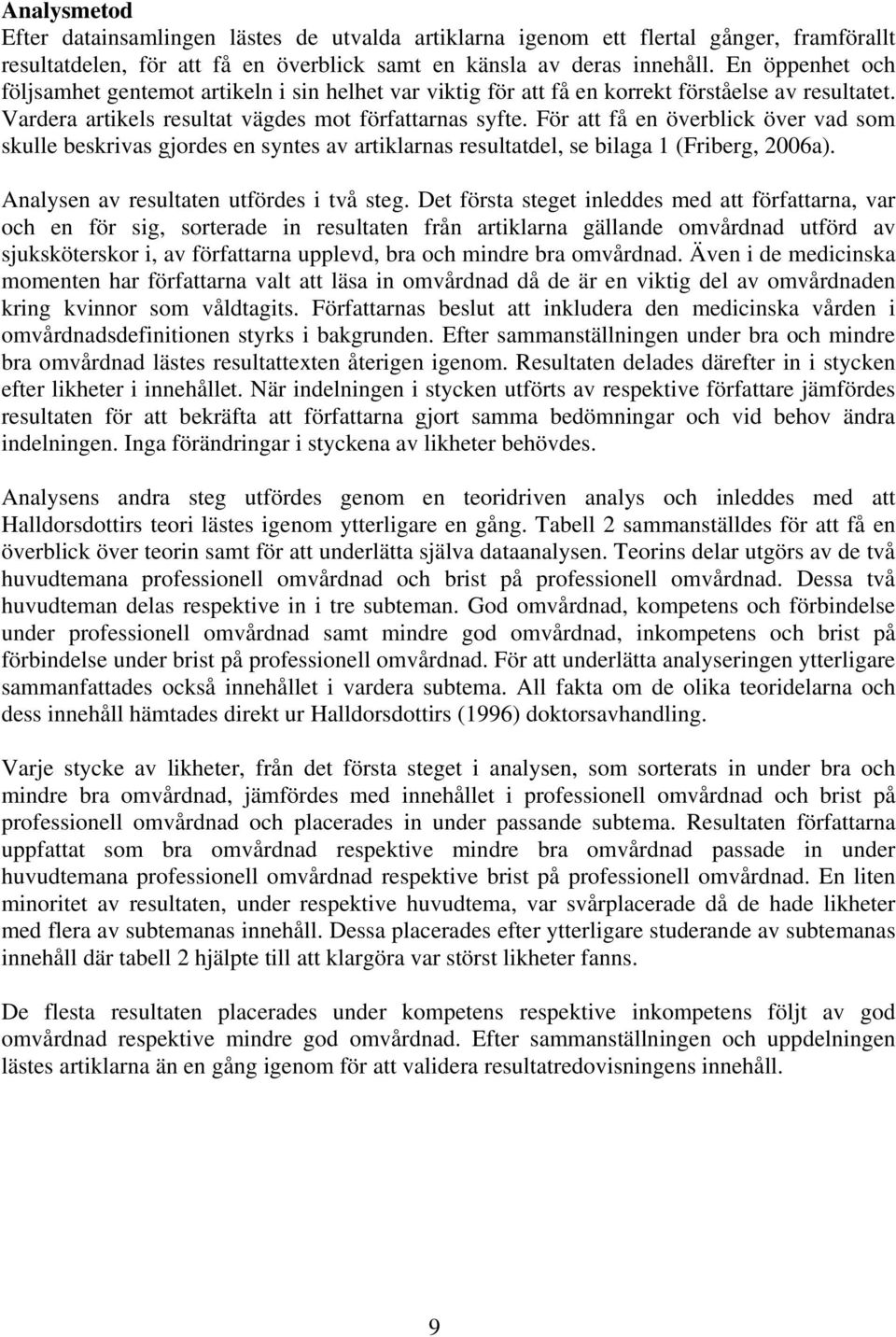 För att få en överblick över vad som skulle beskrivas gjordes en syntes av artiklarnas resultatdel, se bilaga 1 (Friberg, 2006a). Analysen av resultaten utfördes i två steg.