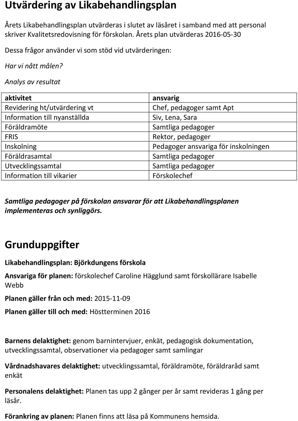 Analys av resultat aktivitet Revidering ht/utvärdering vt Information till nyanställda Föräldramöte FRIS Inskolning Föräldrasamtal Utvecklingssamtal Information till vikarier ansvarig Chef, pedagoger