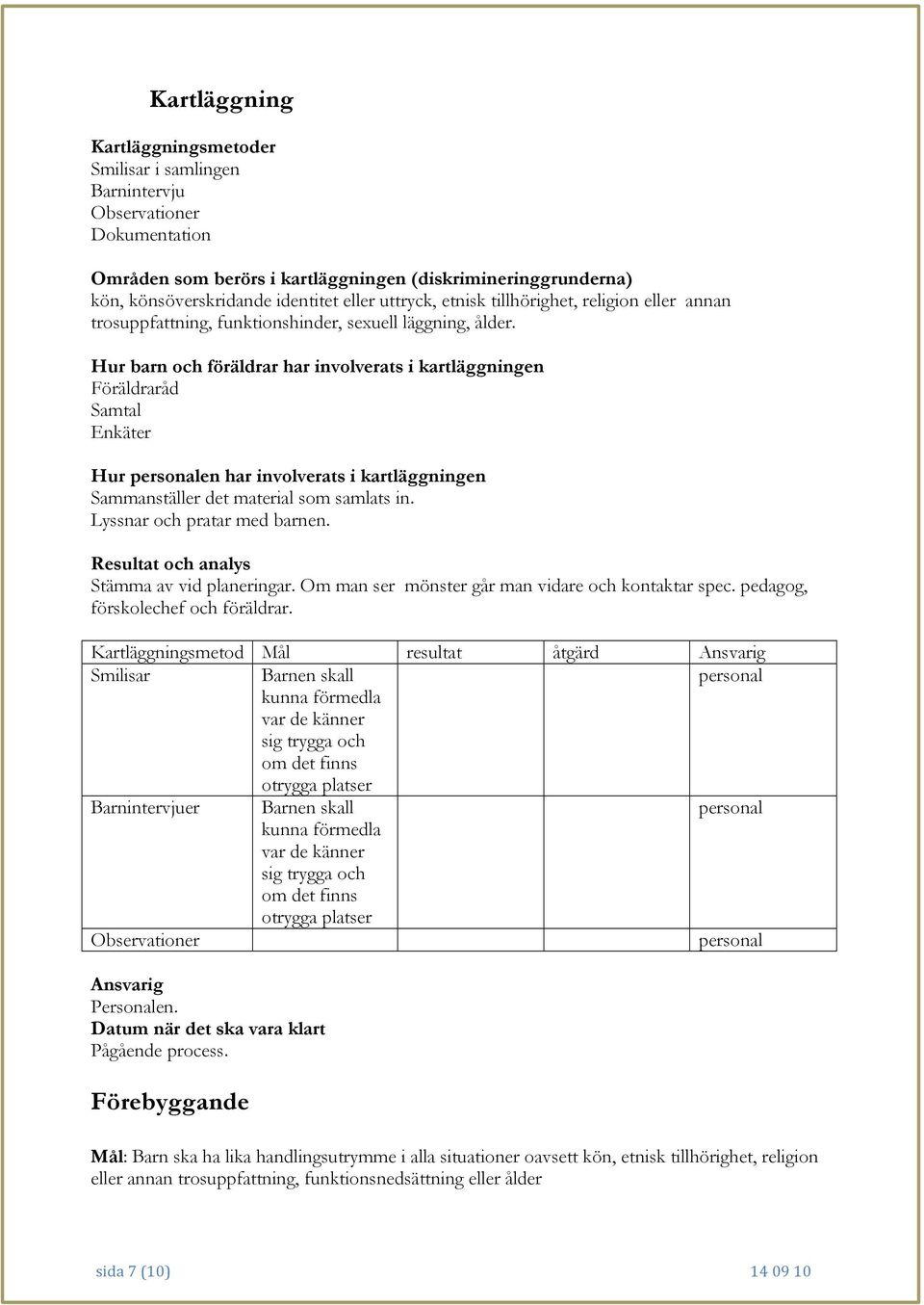 Hur barn och föräldrar har involverats i kartläggningen Föräldraråd Samtal Enkäter Hur personalen har involverats i kartläggningen Sammanställer det material som samlats in.