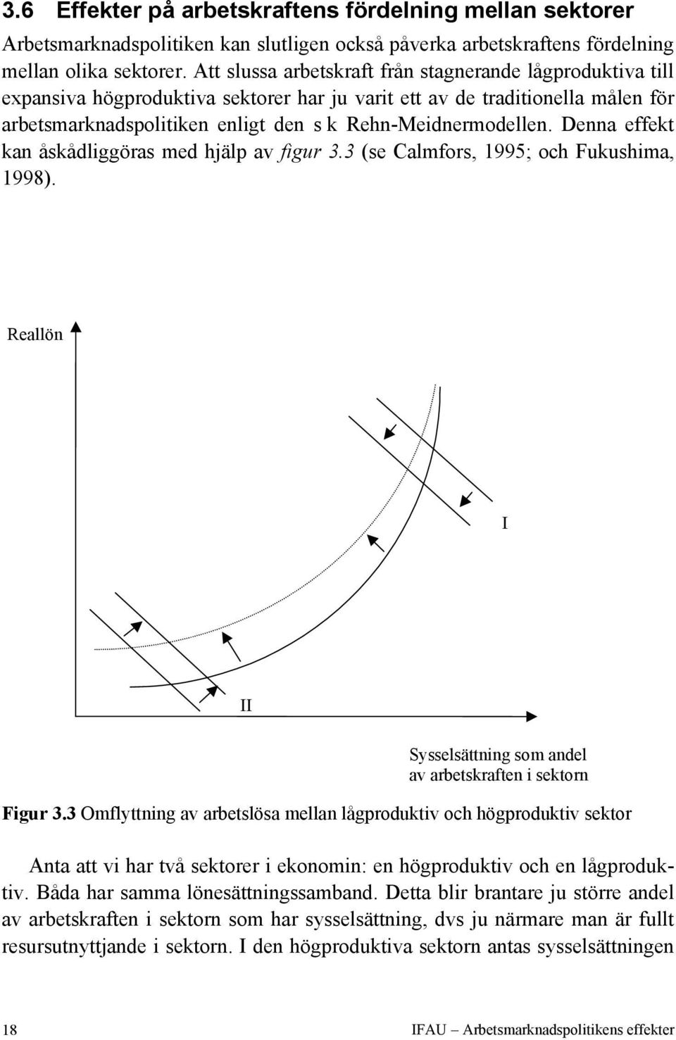 Denna effekt kan åskådliggöras med hjälp av figur 3.3 (se Calmfors, 1995; och Fukushima, 1998). Reallön I II Sysselsättning som andel av arbetskraften i sektorn Figur 3.