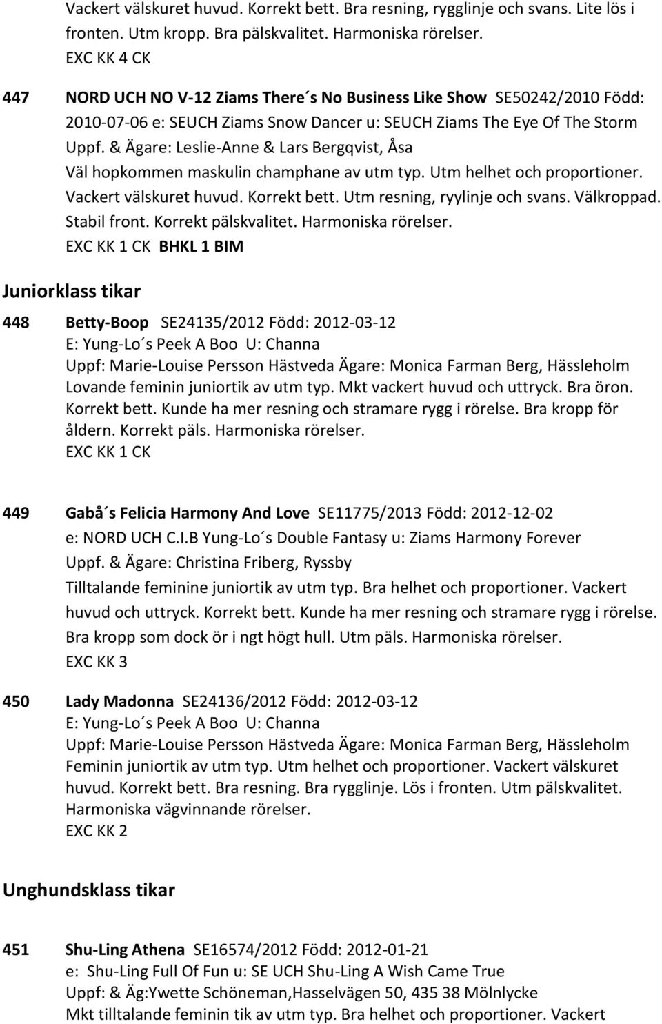 & Ägare: Leslie-Anne & Lars Bergqvist, Åsa Väl hopkommen maskulin champhane av utm typ. Utm helhet och proportioner. Vackert välskuret huvud. Korrekt bett. Utm resning, ryylinje och svans. Välkroppad.