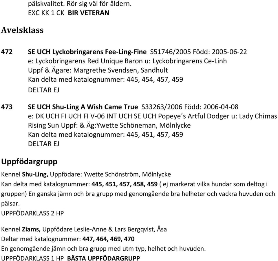 delta med katalognummer: 445, 454, 457, 459 DELTAR EJ 473 SE UCH Shu-Ling A Wish Came True S33263/2006 Född: 2006-04-08 e: DK UCH FI UCH FI V-06 INT UCH SE UCH Popeye s Artful Dodger u: Lady Chimas