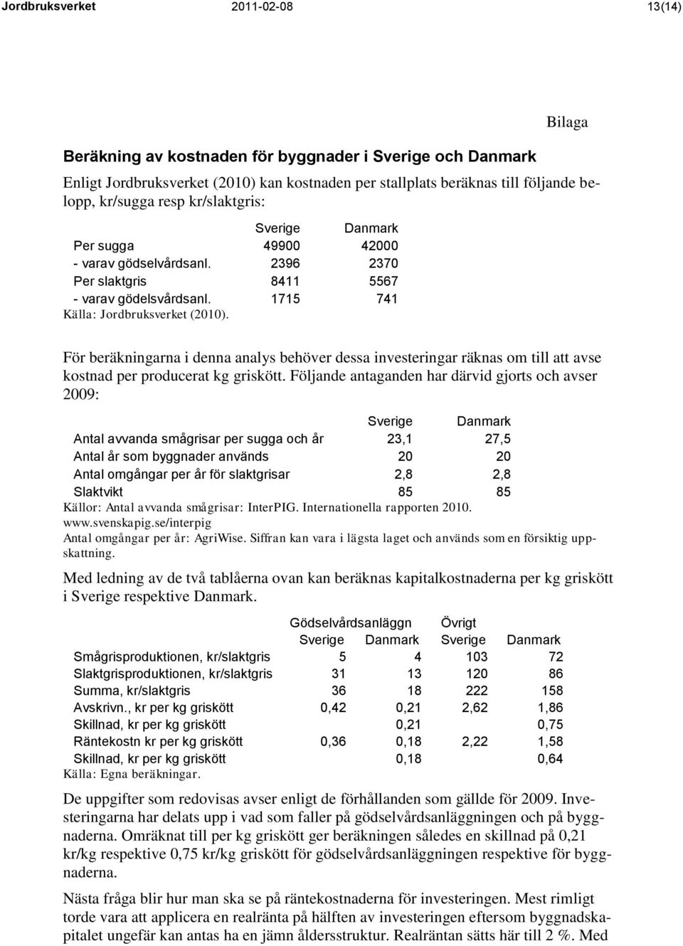 För beräkningarna i denna analys behöver dessa investeringar räknas om till att avse kostnad per producerat kg griskött.