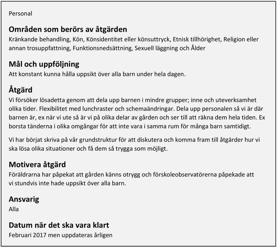 Flexibilitet med lunchraster och schemaändringar. Dela upp personalen så vi är där barnen är, ex när vi ute så är vi på olika delar av gården och ser till att räkna dem hela tiden.