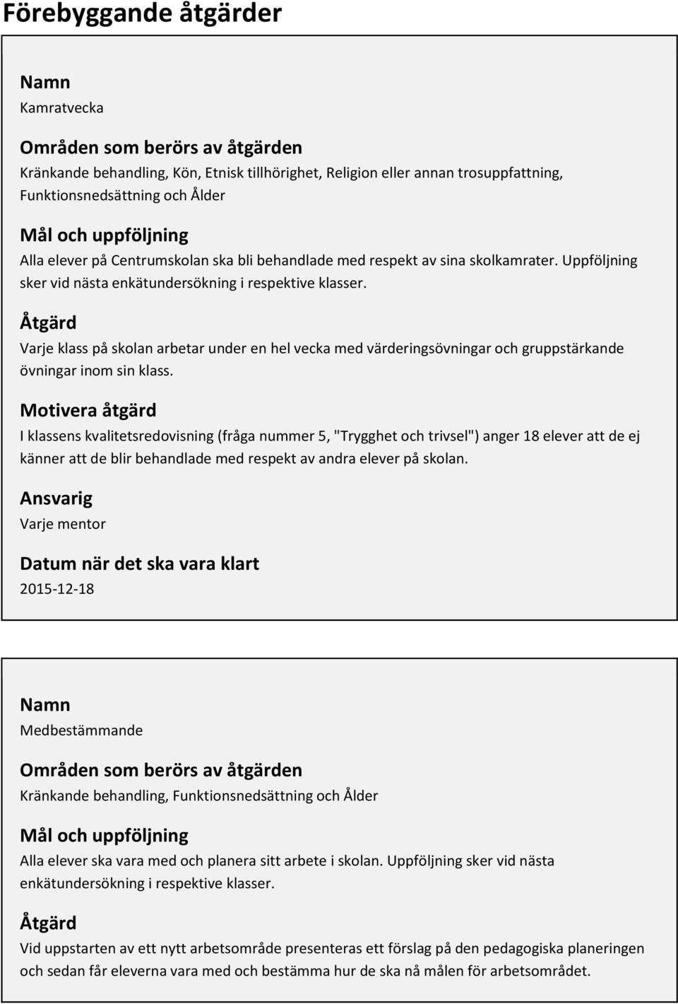 Åtgärd Varje klass på skolan arbetar under en hel vecka med värderingsövningar och gruppstärkande övningar inom sin klass.