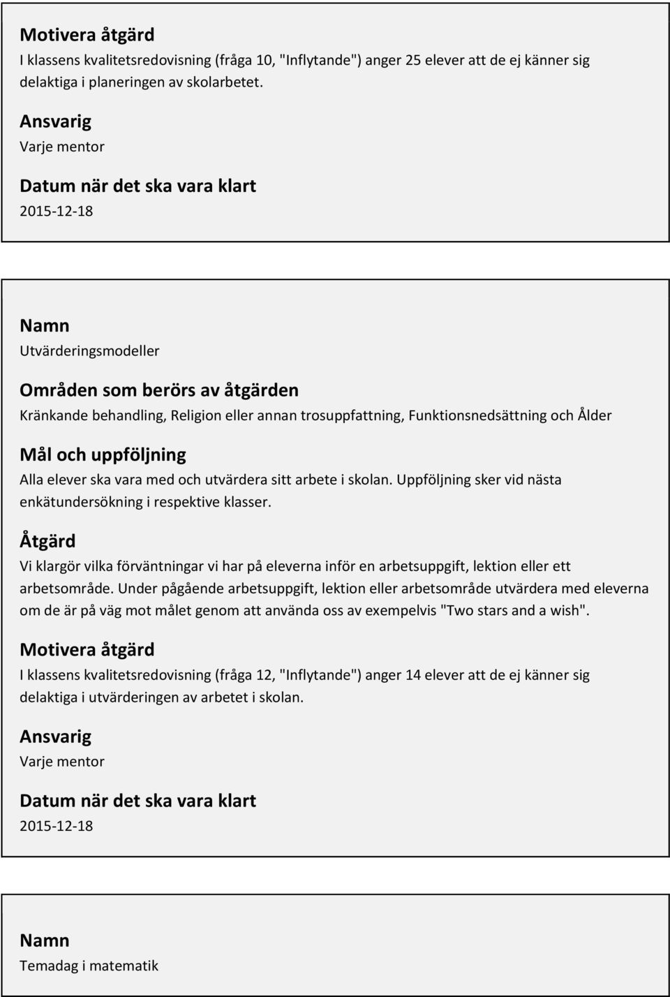 arbete i skolan. Uppföljning sker vid nästa enkätundersökning i respektive klasser. Åtgärd Vi klargör vilka förväntningar vi har på eleverna inför en arbetsuppgift, lektion eller ett arbetsområde.