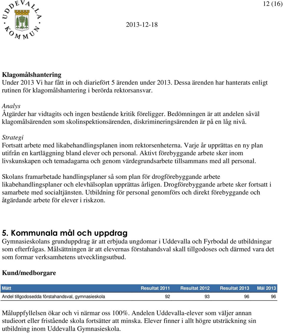 Fortsatt arbete med likabehandlingsplanen inom rektorsenheterna. Varje år upprättas en ny plan utifrån en kartläggning bland elever och personal.