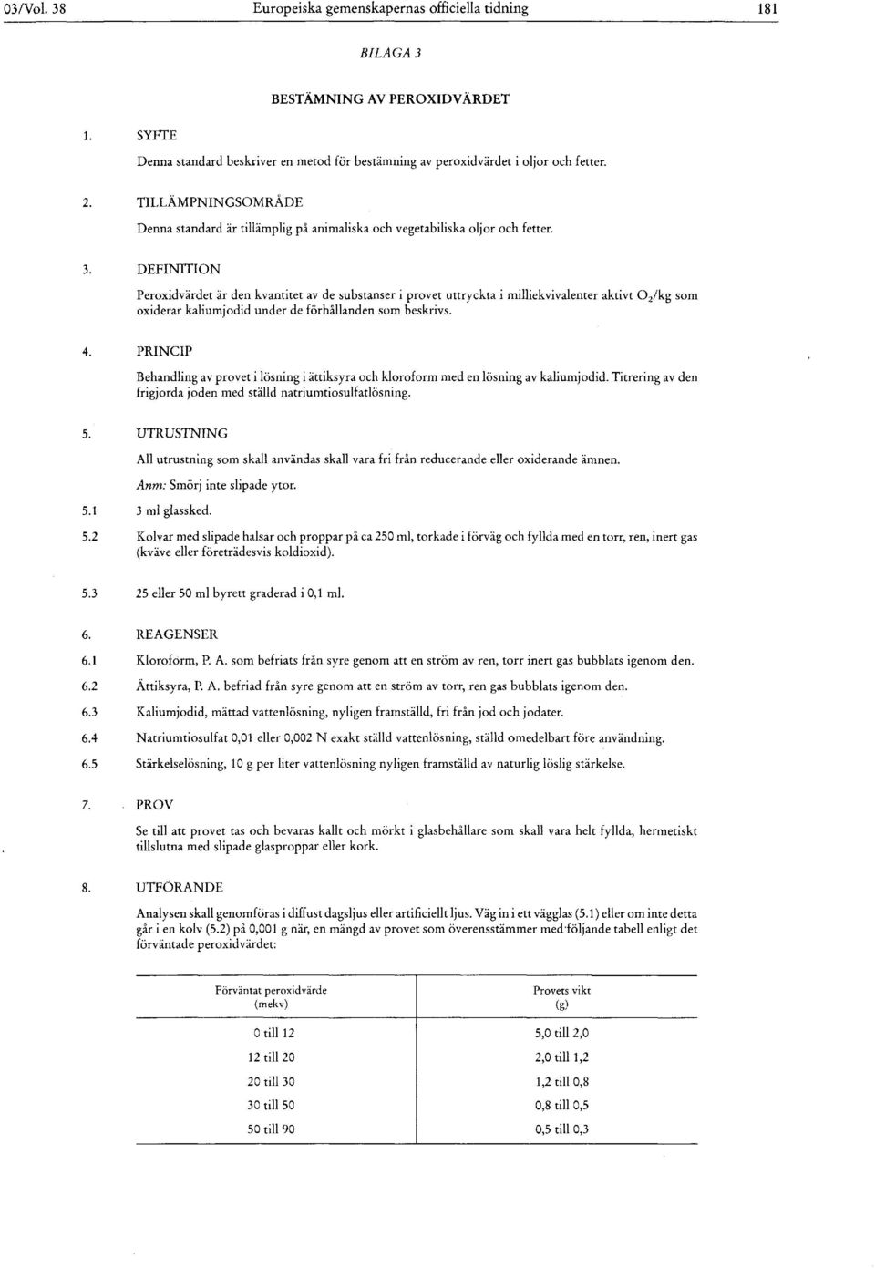 DEFINITION Peroxidvärdet är den kvantitet av de substanser i provet uttryckta i milliekvivalenter aktivt 02/kg som oxiderar kaliumjodid under de förhållanden som beskrivs. 4.