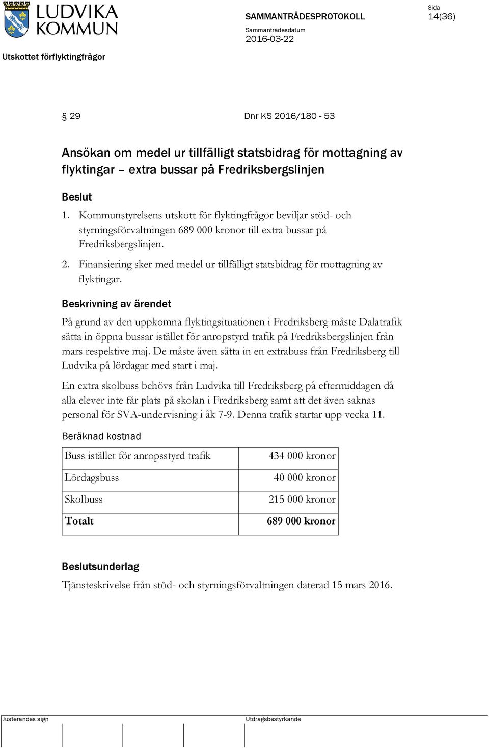 Finansiering sker med medel ur tillfälligt statsbidrag för mottagning av flyktingar.