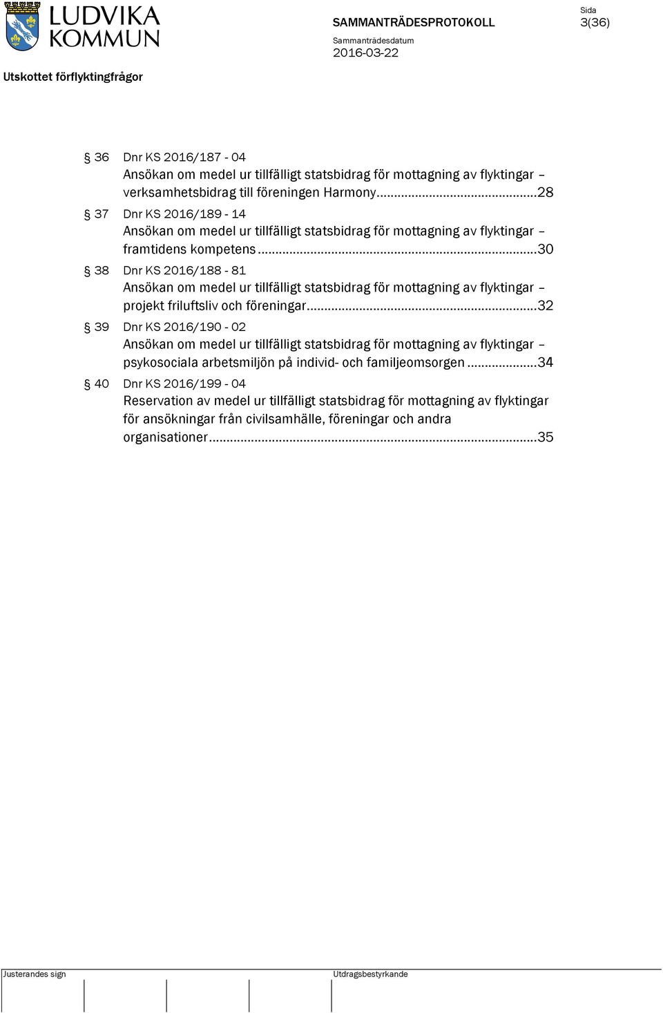 .. 30 38 Dnr KS 2016/188-81 Ansökan om medel ur tillfälligt statsbidrag för mottagning av flyktingar projekt friluftsliv och föreningar.