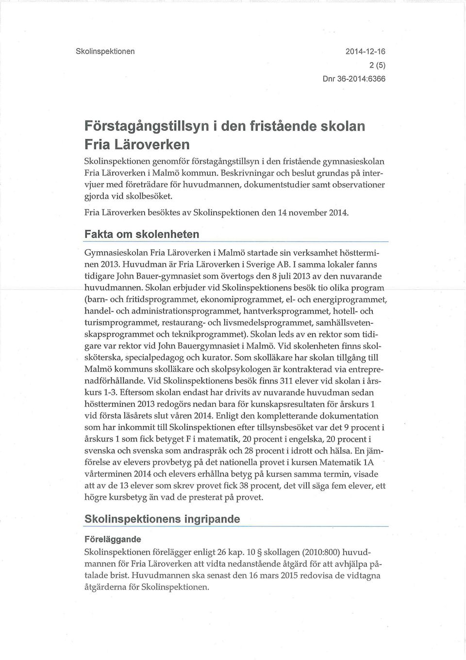 Fria Läroverken besöktes av Skolinspektionen den 14 november 2014. Fakta om skolenheten Gymnasieskolan Fria Läroverken i Malmö startade sin verksamhet höstterminen 2013.