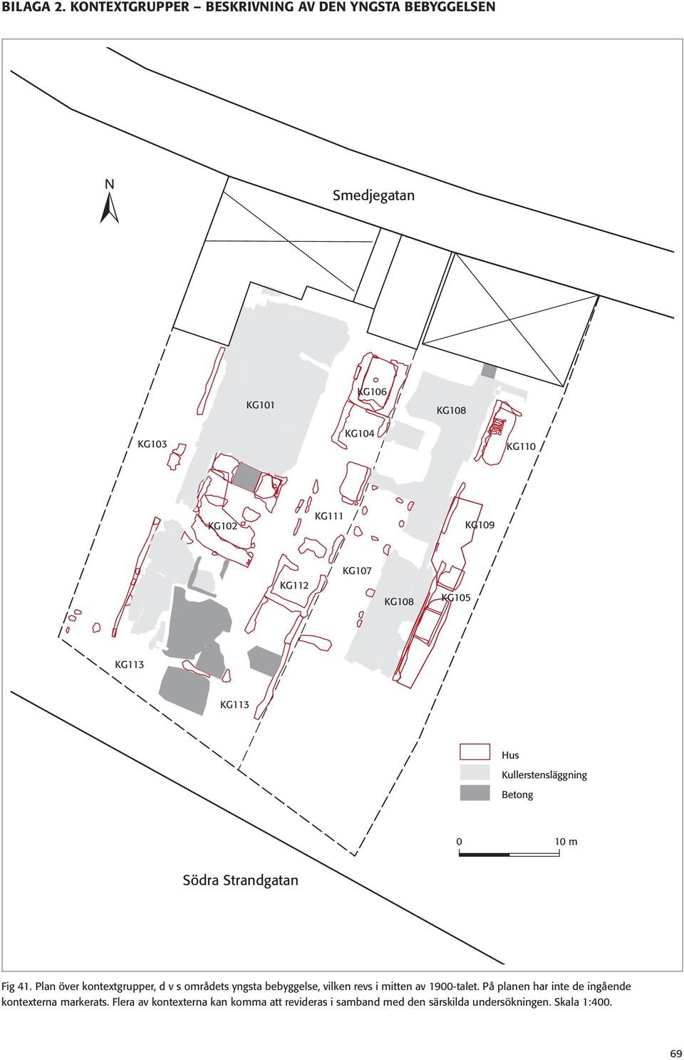 KG112 KG107 KG108 KG105 KG113 KG113 Hus Kullerstensläggning Betong 0 10 m Södra Strandgatan Fig 41.