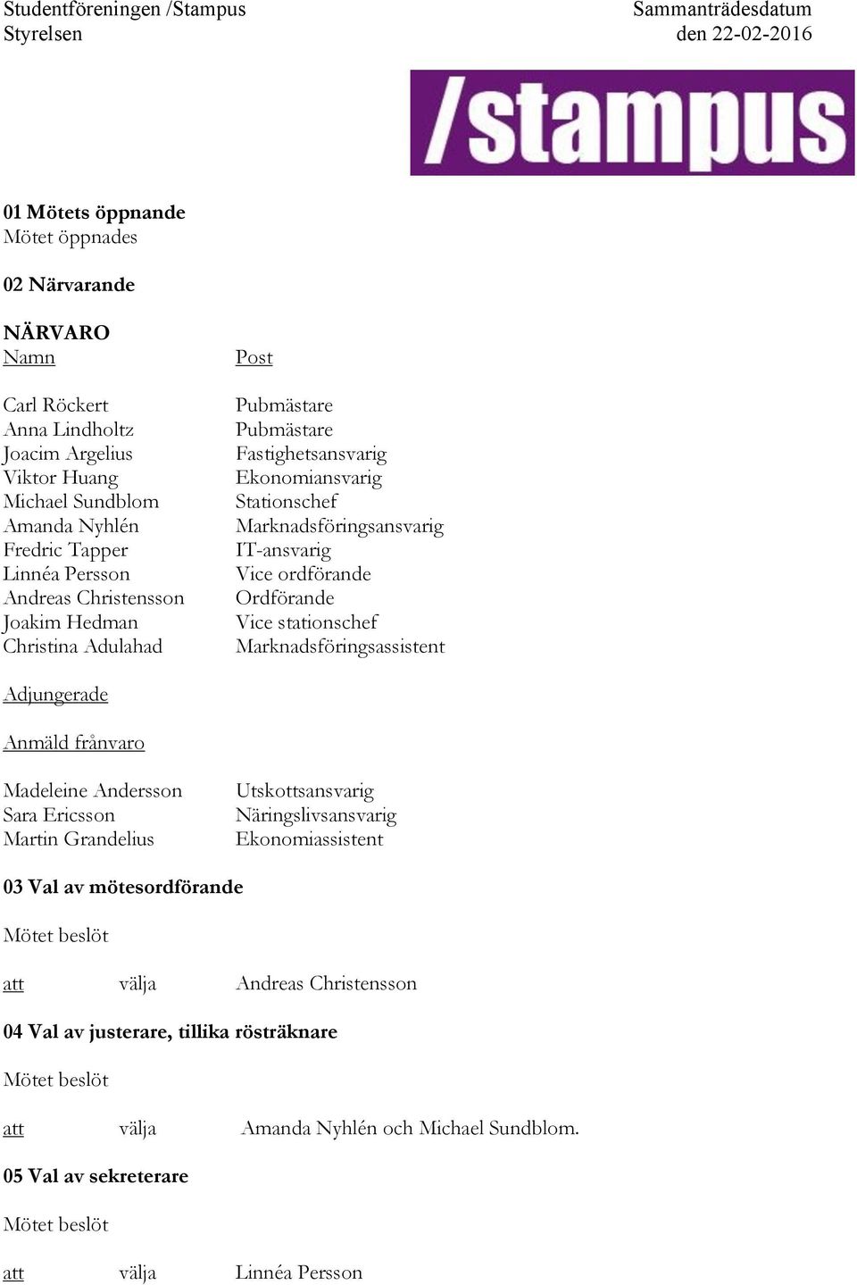 Ordförande Vice stationschef Marknadsföringsassistent Adjungerade Anmäld frånvaro Madeleine Andersson Sara Ericsson Martin Grandelius Utskottsansvarig Näringslivsansvarig