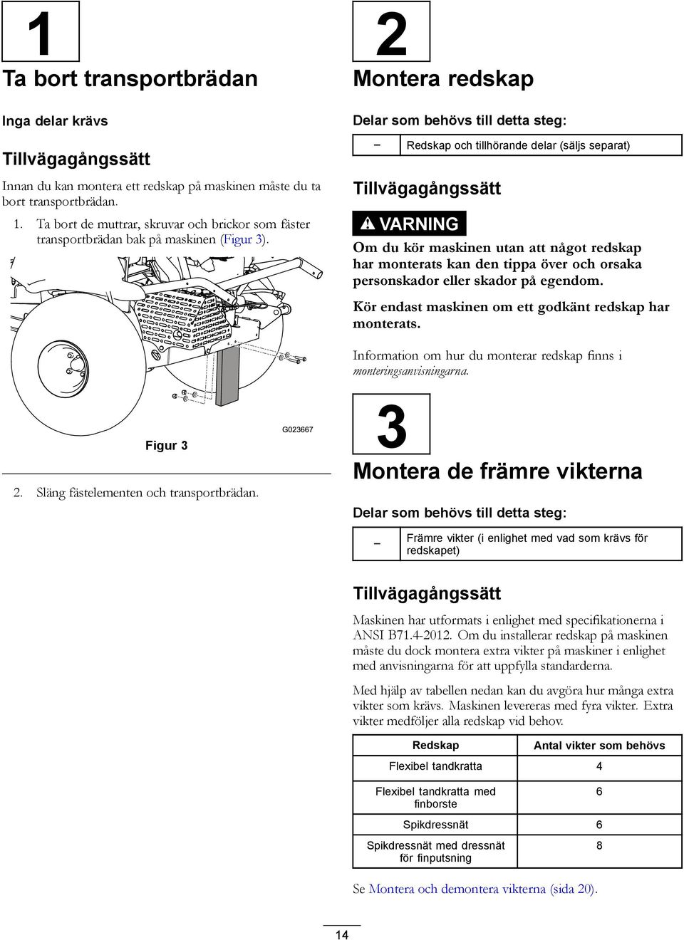 2 Montera redskap Delar som behövs till detta steg: Redskap och tillhörande delar (säljs separat) Tillvägagångssätt VARNING Om du kör maskinen utan att något redskap har monterats kan den tippa över