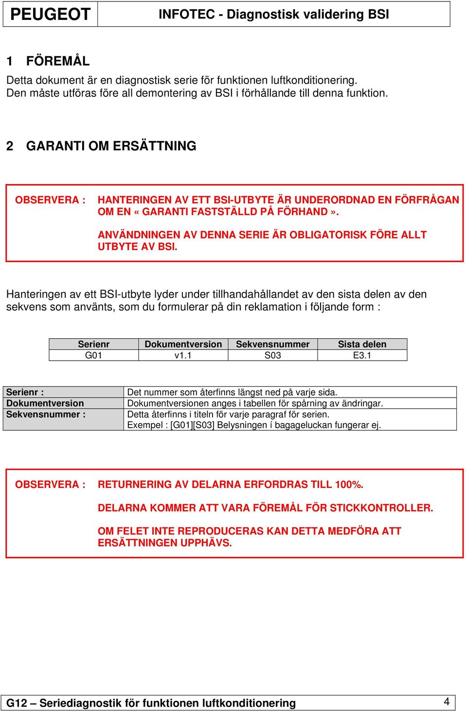 ANVÄNDNINGEN AV DENNA SERIE ÄR OBLIGATORISK FÖRE ALLT UTBYTE AV BSI.