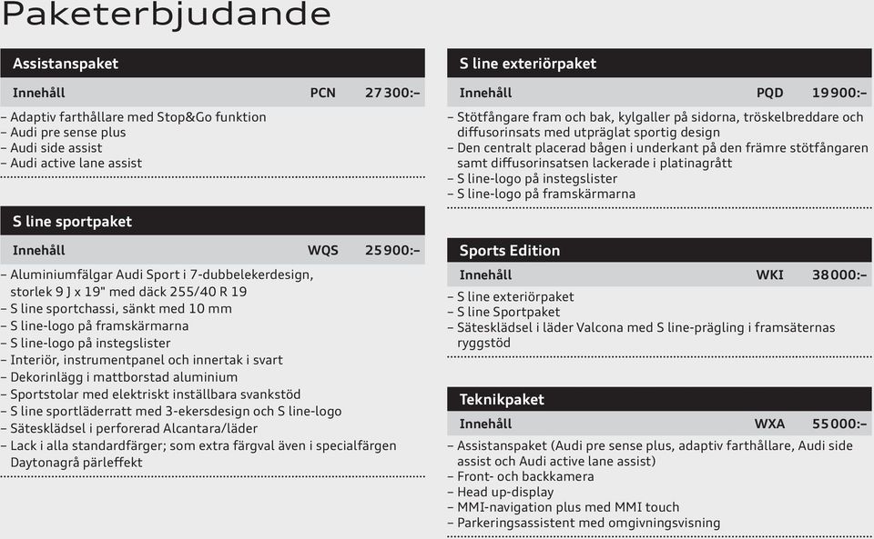 diffusorinsatsen lackerade i platinagrått S line-logo på instegslister S line-logo på framskärmarna S line sportpaket Innehåll WQS 25 900: Aluminiumfälgar Audi Sport i 7-dubbelekerdesign, storlek 9 J