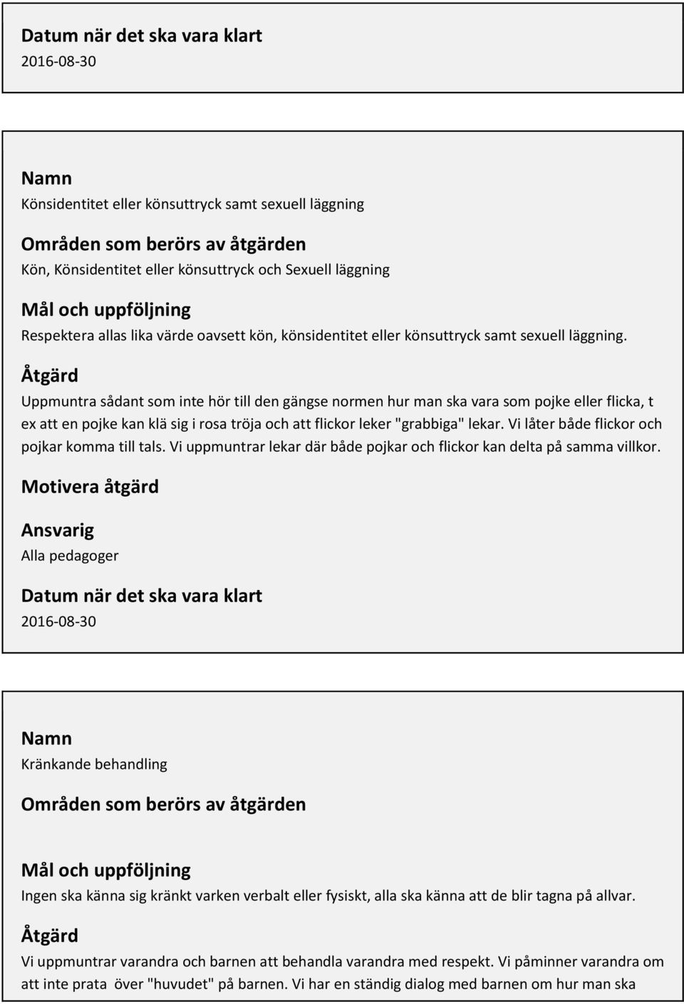 Åtgärd Uppmuntra sådant som inte hör till den gängse normen hur man ska vara som pojke eller flicka, t ex att en pojke kan klä sig i rosa tröja och att flickor leker "grabbiga" lekar.