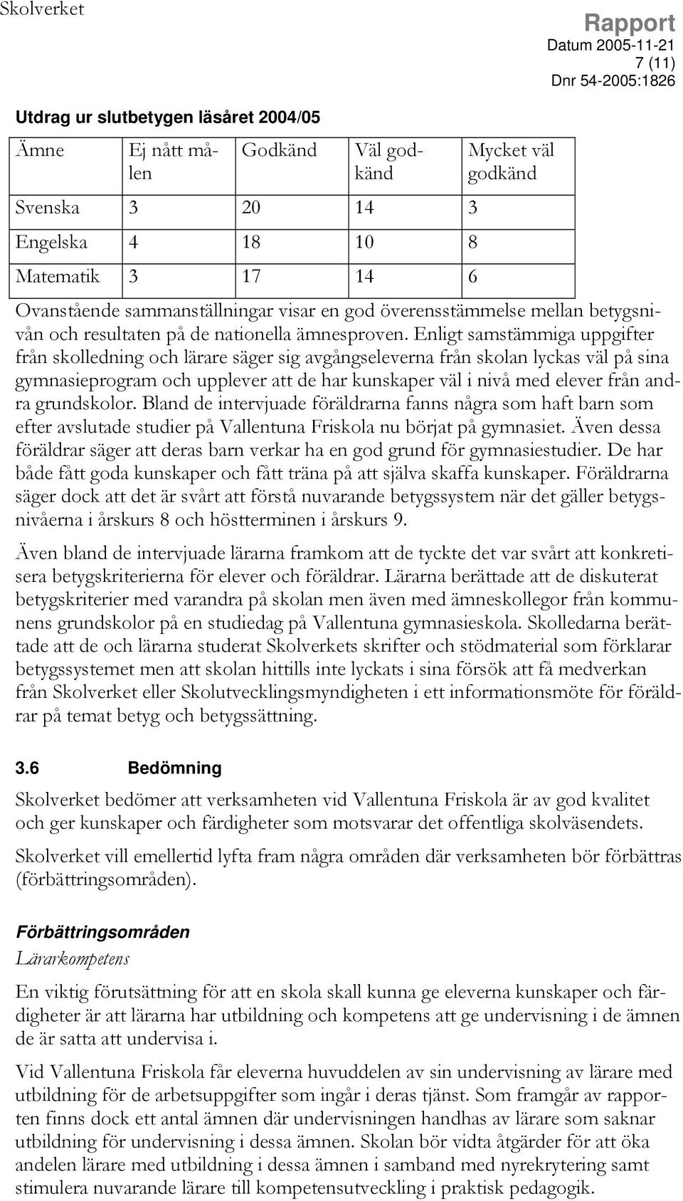 Enligt samstämmiga uppgifter från skolledning och lärare säger sig avgångseleverna från skolan lyckas väl på sina gymnasieprogram och upplever att de har kunskaper väl i nivå med elever från andra