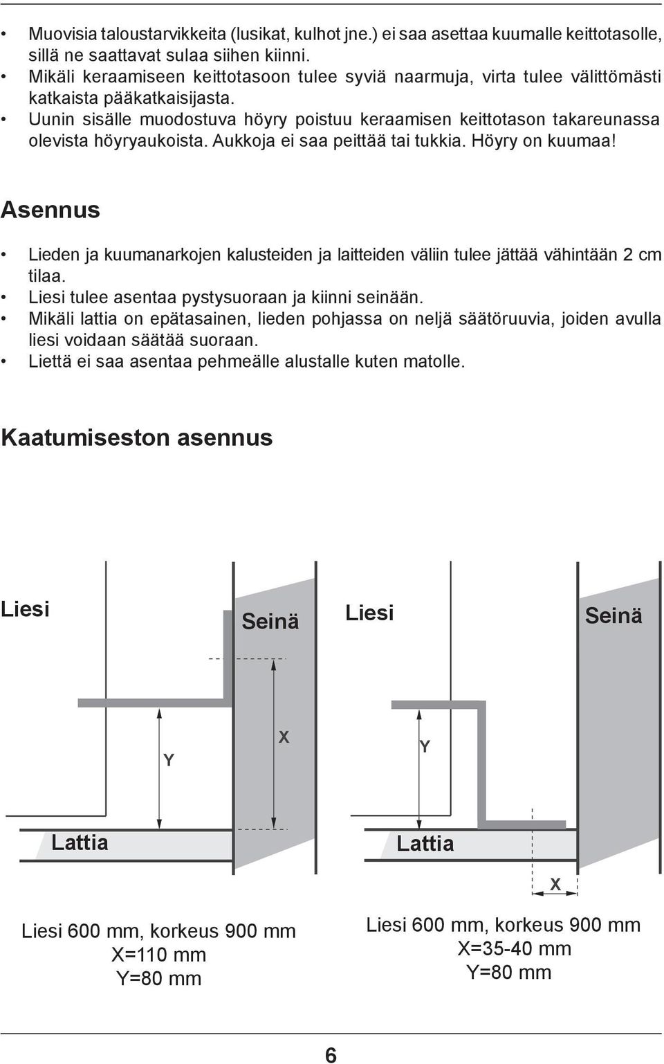 Uunin sisälle muodostuva höyry poistuu keraamisen keittotason takareunassa olevista höyryaukoista. Aukkoja ei saa peittää tai tukkia. Höyry on kuumaa!