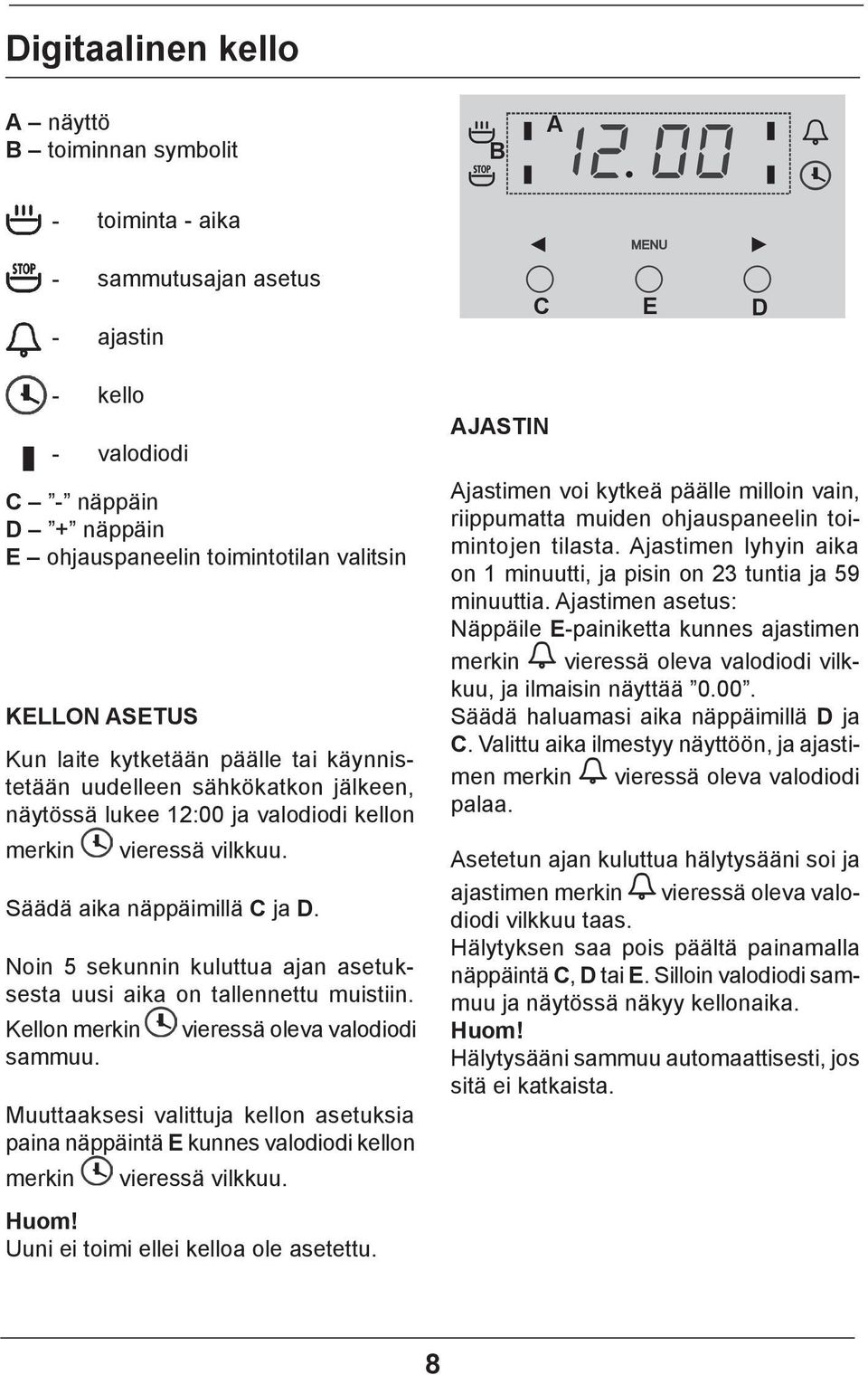 Noin 5 sekunnin kuluttua ajan asetuksesta uusi aika on tallennettu muistiin. Kellon merkin vieressä oleva valodiodi sammuu.