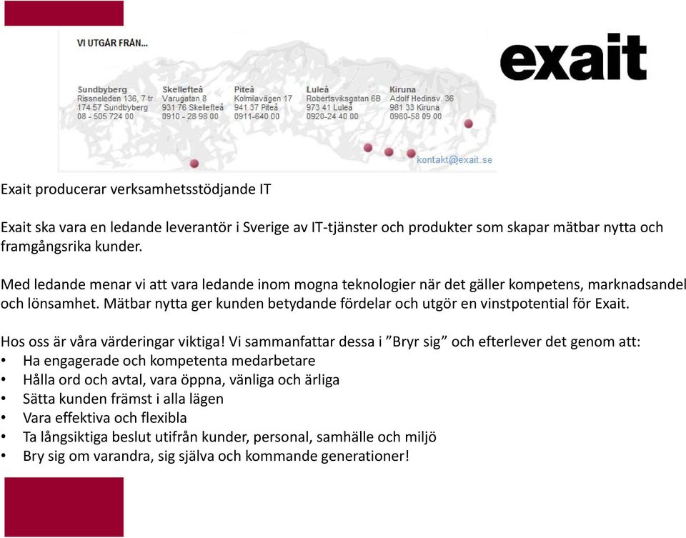 Mätbar nytta ger kunden betydande fördelar och utgör en vinstpotential för Exait. Hos oss är våra värderingar viktiga!