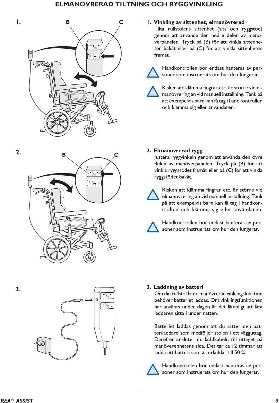 Risken att klämma fingrar etc. är större vid elmanövrering än vid manuell inställning. Tänk på att exempelvis barn kan få tag i handkontrollen och klämma sig eller användaren. 2. B C 2.