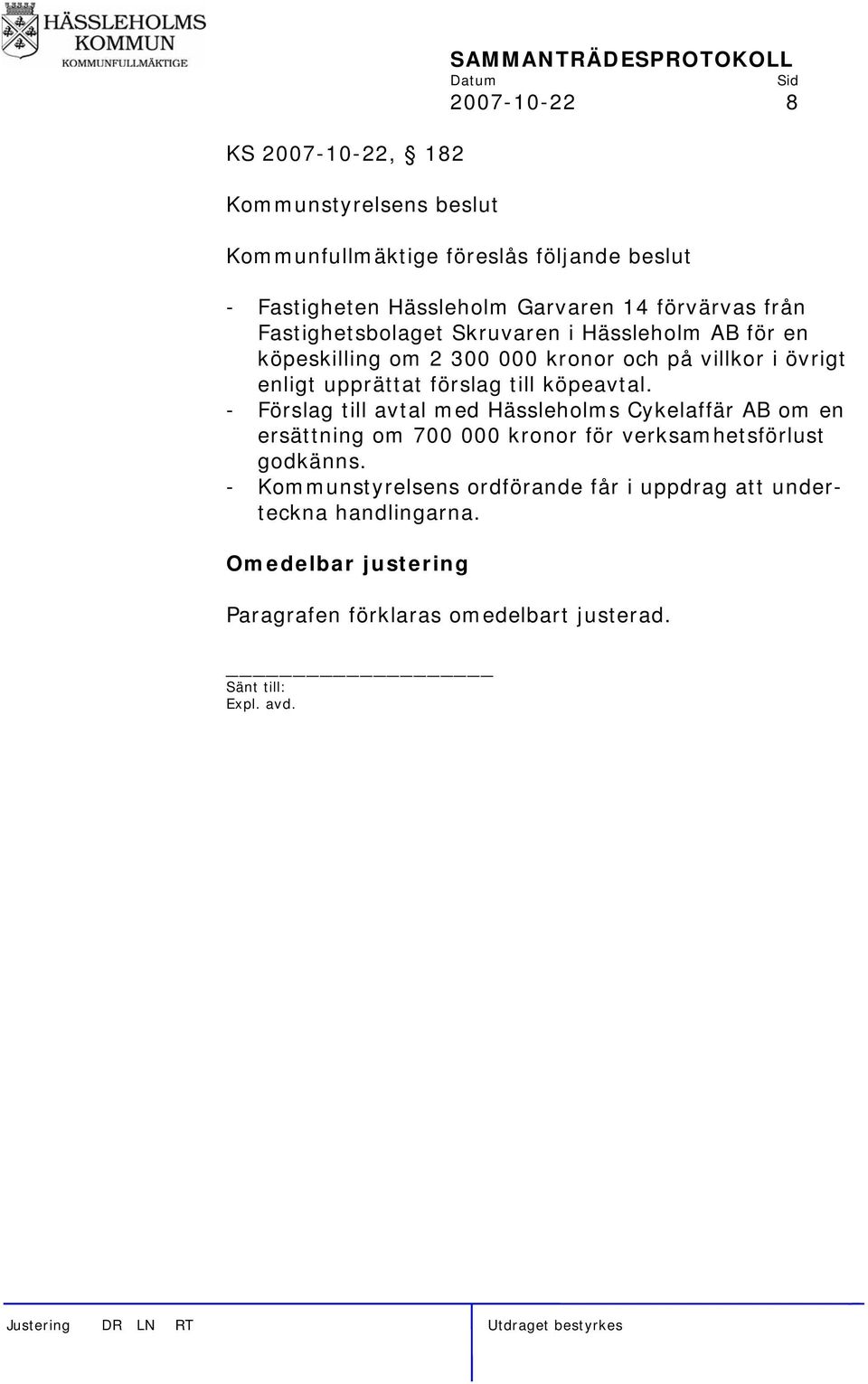 upprättat förslag till köpeavtal.