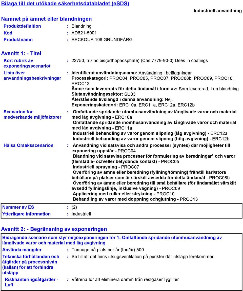 coatings Identifierat användningsnamn Användning i beläggningar Processkategori PROC04, PROC05, PROC07, PROC08b, PROC09, PROC10, PROC13 Ämne som levererats för detta ändamål i form av Som levererad,