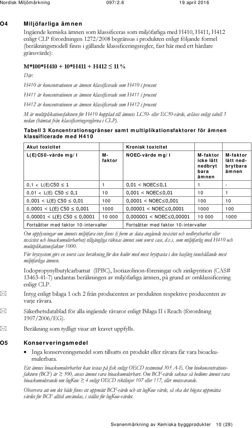 koncentrationen av ämnen klassificerade som H411 i procent H412 är koncentrationen av ämnen klassificerade som H412 i procent M är multiplikationsfaktorn för H410 kopplad till ämnets LC50- eller