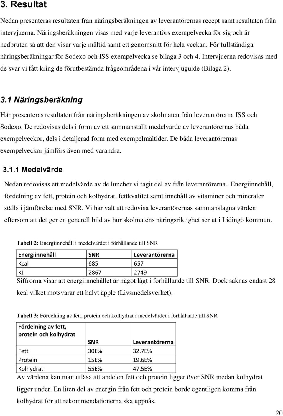 För fullständiga näringsberäkningar för Sodexo och ISS exempelvecka se bilaga 3 och 4. Intervjuerna redovisas med de svar vi fått kring de förutbestämda frågeområdena i vår intervjuguide (Bilaga 2).