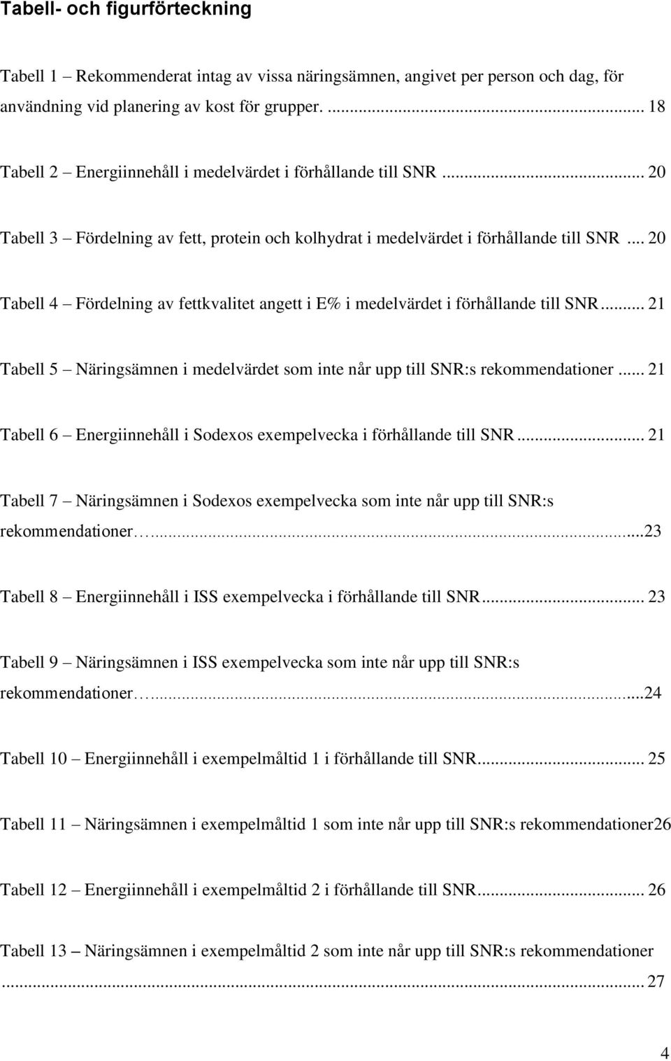 .. 20 Tabell 4 Fördelning av fettkvalitet angett i E% i medelvärdet i förhållande till SNR... 21 Tabell 5 Näringsämnen i medelvärdet som inte når upp till SNR:s rekommendationer.