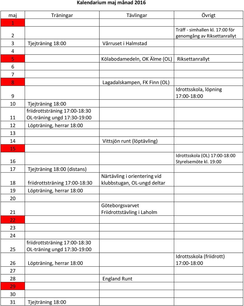 10 Tjejträning 18:00 friidrottsträning 17:00-18:30 11 OL-träning ungd 17:30-19:00 12 Löpträning, herrar 18:00 13 14 Vittsjön runt (löptävling) 15 Idrottsskola (OL) 17:00-18:00 16 Styrelsemöte kl.