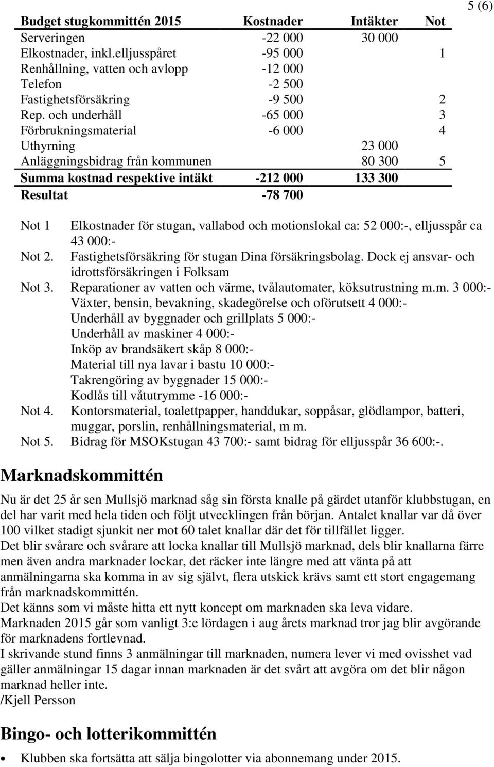 och underhåll -65 000 3 Förbrukningsmaterial -6 000 4 Uthyrning 23 000 Anläggningsbidrag från kommunen 80 300 5 Summa kostnad respektive intäkt -212 000 133 300 Resultat -78 700 5 (6) Not 1