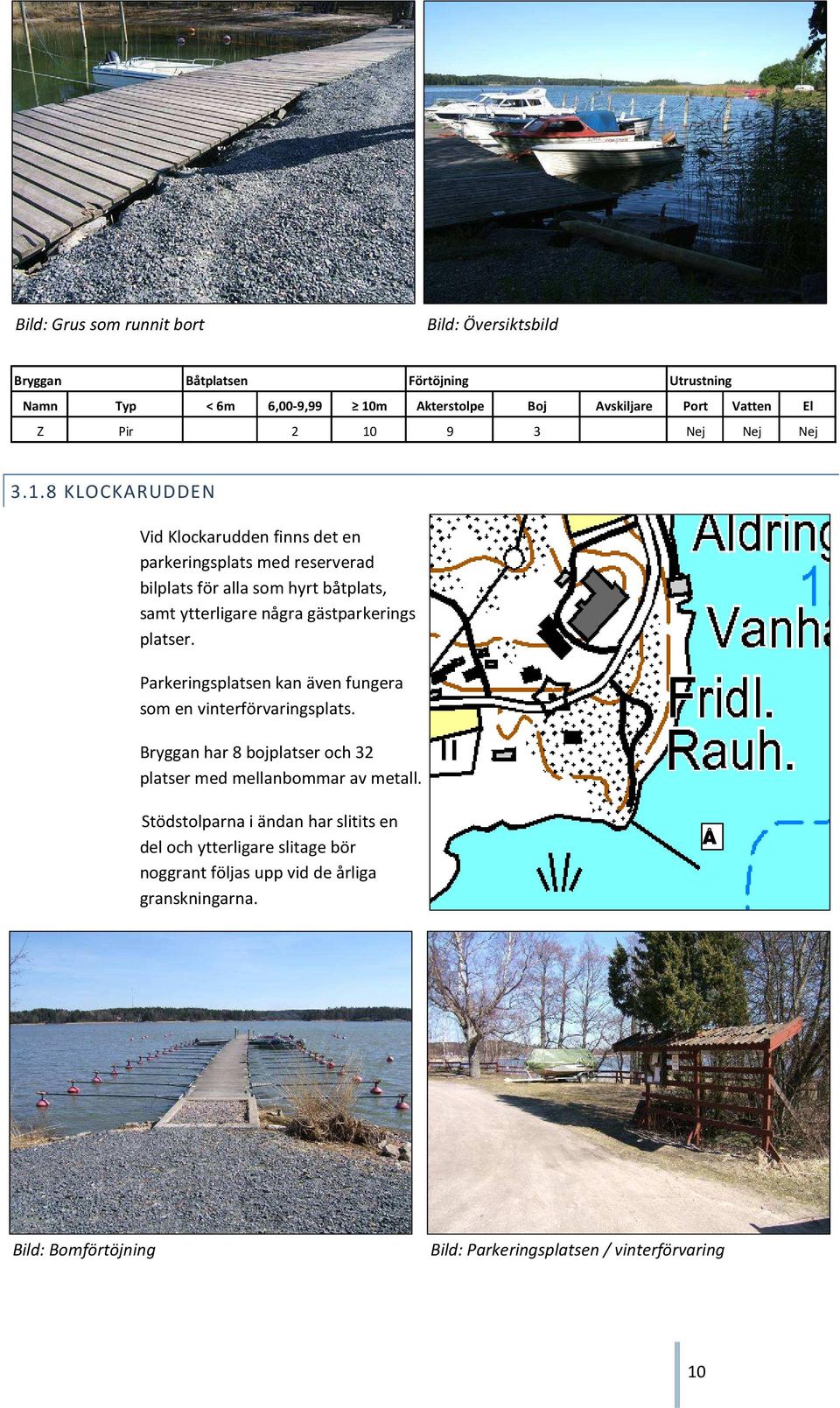 Parkeringsplatsen kan även fungera som en vinterförvaringsplats. Bryggan har 8 bojplatser och 32 platser med mellanbommar av metall.