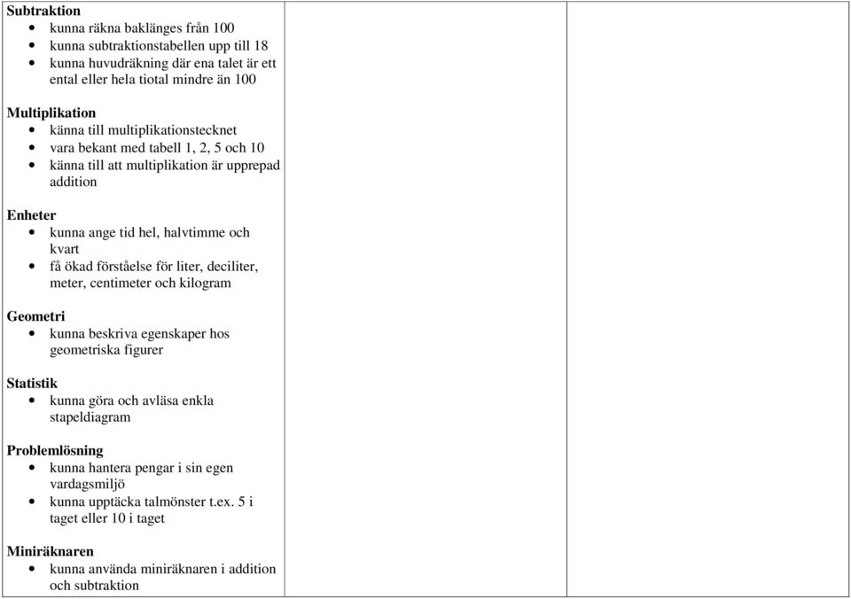 förståelse för liter, deciliter, meter, centimeter och kilogram Geometri kunna beskriva egenskaper hos geometriska figurer Statistik kunna göra och avläsa enkla stapeldiagram